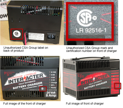 Interacter Inc. brand battery chargers display an unauthorized CSA Group Certification Mark