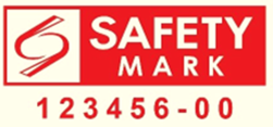 Red rectangle image contains the words - Safety Mark, in bold white letters. There are red numbers 123456-00 below the red rectangle. The left side of the rectangle is a logo.
